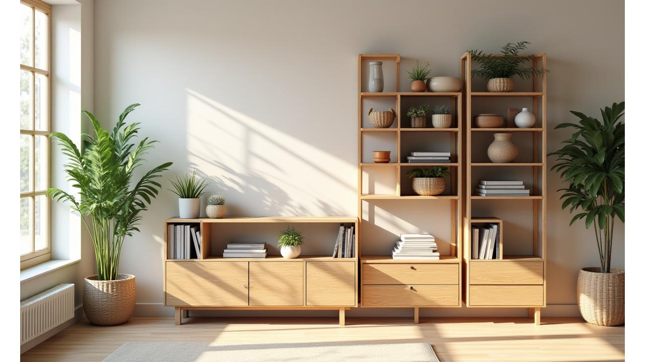Modern living room with eco-friendly modular shelving system holding potted plants and sustainable decor, bathed in natural light.