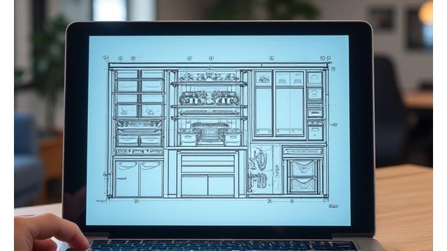 Digital blueprint of a modular garage storage system on a screen.